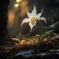 The Ghost Orchid,rare flowers,wild orchids,tropical plants.A Ghost Orchid illuminated by a beam of morning light, dewdrops on its delicate white petals, surrounded by rich green moss