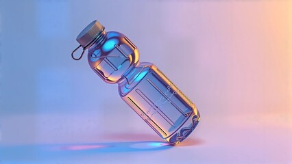 A glossy 3D water bottle mockup, featuring iridescent colors and sleek circuitry patterns, illuminated with low-key lighting.