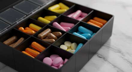 Pill organizer filled with colorful medicine capsules and tablets for daily health