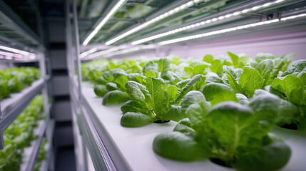 Indoor Vertical Farming With LED Lights and Green Vegetables Depicting Modern Agricultural Innovation, Sustainable Food Production, and Efficient Urban Farming Technology for Future Food Security