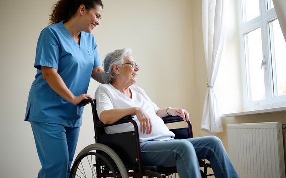 Nurse or health care worker in uniform pushing disabled female patient in wheelchair in medical clinic. Handicapped woman with disability in retirement home. Rehab and caregiver support concept. - Powered by Adobe