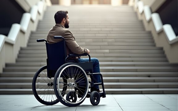 Man with disability on wheelchair stopped in front of staircase, raising awareness of architectural barriers and accessibility issues. High quality - Powered by Adobe
