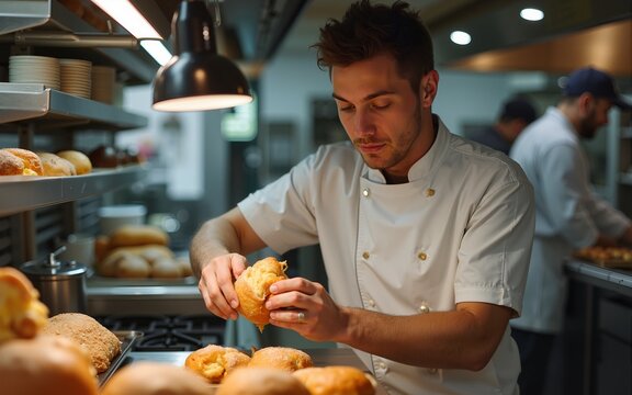 Caucasian man with down syndrome preparing a sandwich in commercial kitchen. High quality - Powered by Adobe