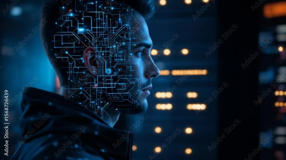 Aufkleber digital network communication of a man with circuit overlay. 4k video