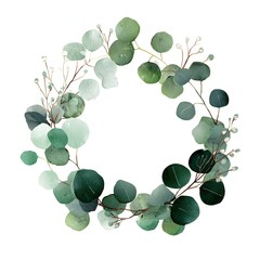 Obraz premium Watercolor green eucalyptus wreath, a simple and clean design, on a white background