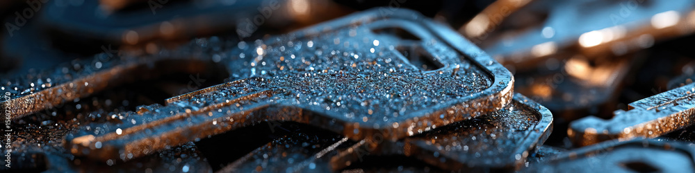 Poster close-up photograph of multiple wet metallic keys