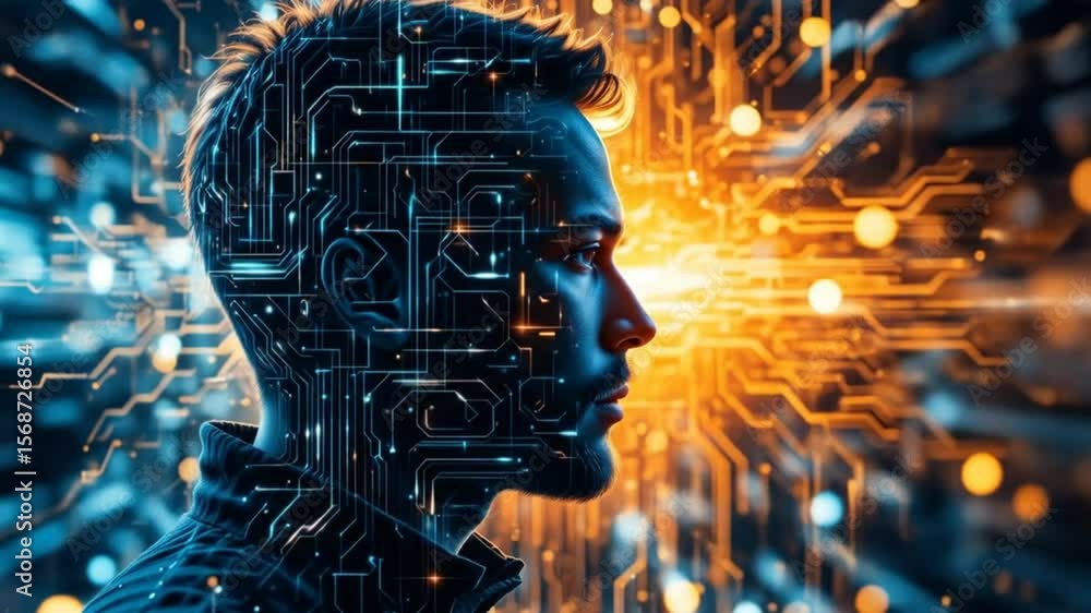 Aufkleber digital network communication of a man with circuit overlay. 4k video
