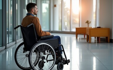 Man with disability sitting in wheelchair in the university. High quality
