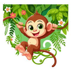 Cartoon Monkey on Vine – Smiling Jungle Primate with Green Eyes and Colorful Floral Background