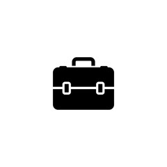 Black vector briefcase icon: a business luggage accessory with a handle and lock, isolated on white