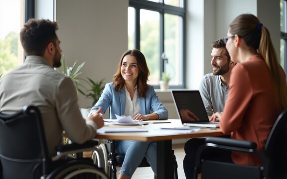 Businesswoman in wheelchair having business meeting with team at modern office. A group of young freelancers agree on new online business projects. High quality