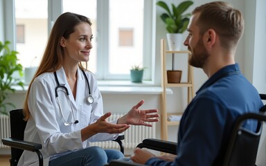 Portrait of  female psychiatrist interviewing handicapped  man during therapy session, copy space. High quality