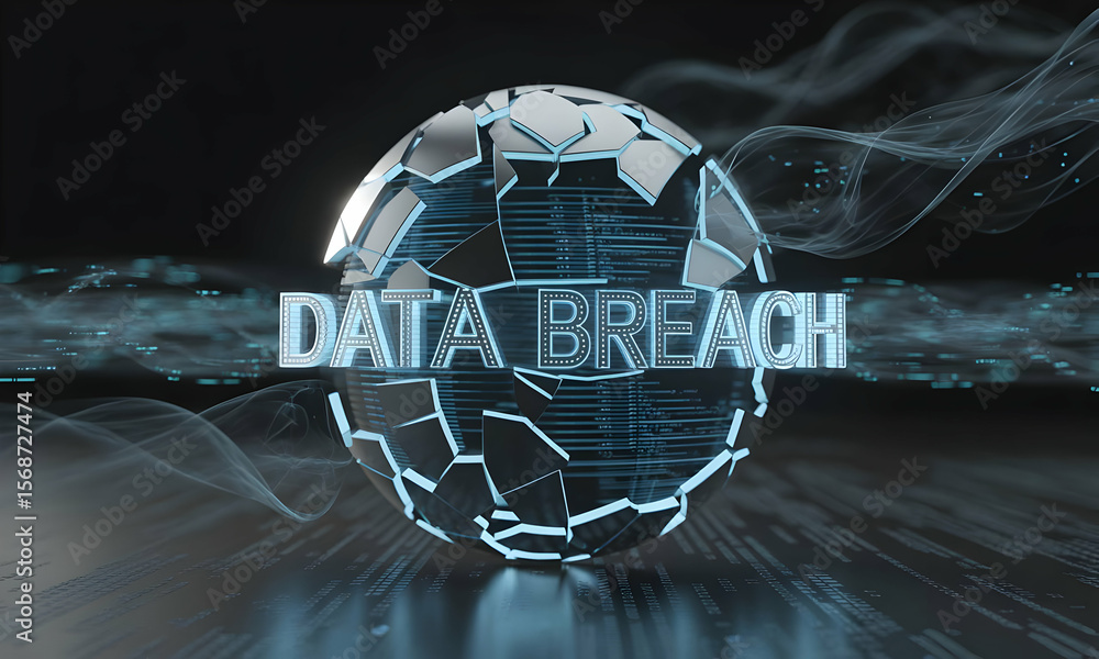 Poster data breach concept sphere breaking with digital code background, symbolizing information security. 