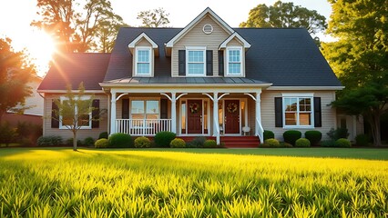 A charming suburban home with a well-kept lawn, glowing in the golden afternoon sunlight.