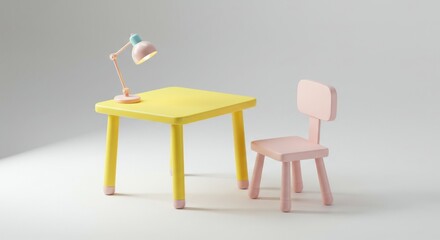 Fototapeta premium Pastel yellow table and pink chair with lamp