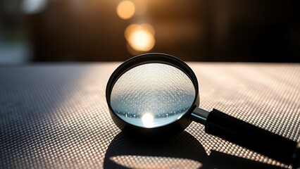 Magnifying glass on a textured surface highlights professional inspection under focused light.