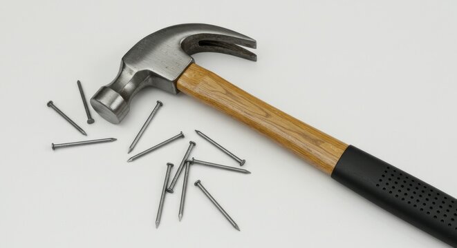 A claw hammer with nails scattered on a white surface