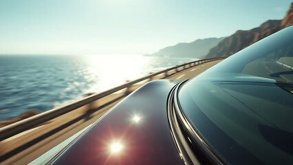 A sleek luxury car speeding along a coastal highway with ocean views through the windshield.