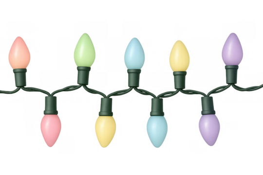 String of colorful pastel christmas lights hanging on transparent background, creating a festive atmosphere