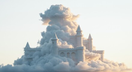 White castle perched atop fluffy clouds, soft sunlight