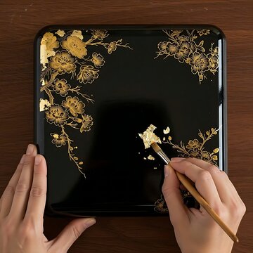 A person is applying intricate gold leaf details onto a black lacquered wooden box (sơn m&agrave;i technique)	
