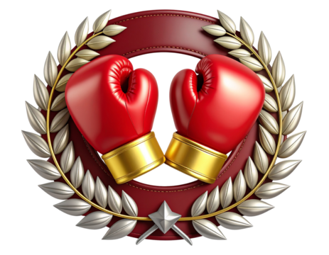 “Angled 3D Victory Belt with Floating Golden Gloves and Stylized Laurel Wreath, isolated on a transparent background”.