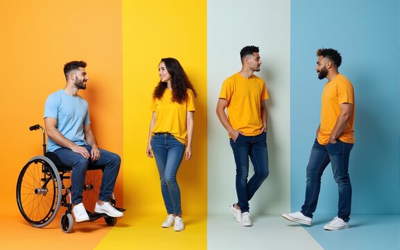 Set of different people with disabilities on color background. High quality