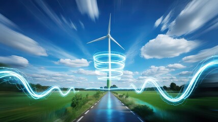 Wind Turbine over Road and Fields with Energy Motion Visual Effects