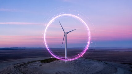Isolated Wind Turbine in Desert with Glowing Energy Portal Effect
