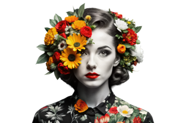 girl with flowers retro photo collage