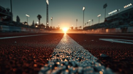 Sunset - view of an empty racetrack with illuminated lights, smooth asphalt and distinct white lines. Ideal for sports - related projects, event promotions, or motivational content. 
