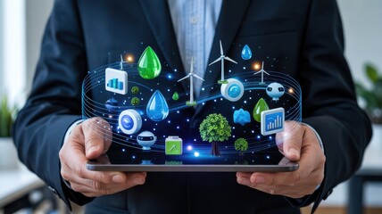 Eco-Friendly Holographic Icons Displayed on Digital Tablet for Green Innovation