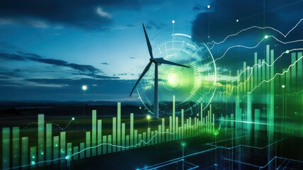 Wind Turbine with Glowing Green Graphs and Futuristic Energy Dashboard at Night