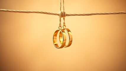 Golden wedding rings suspended on a thin rope, symbolizing love and commitment with elegance.