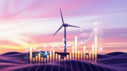 Wind Turbine and Energy Graphs over Grid Surface at Sunset
