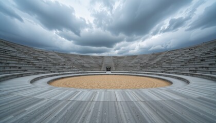 Spectacular arena setup for upcoming events ancient theater outdoor structure dramatic sky wide angle view heritage site