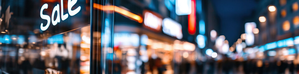 Storefront Sale Sign and Blurred Night Cityscape
