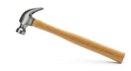 A claw hammer, metallic head, light brown wooden handle, isolated white background