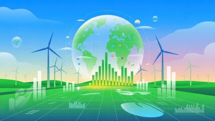 Green Earth with Wind Turbines and Global Sustainability Data Visualization