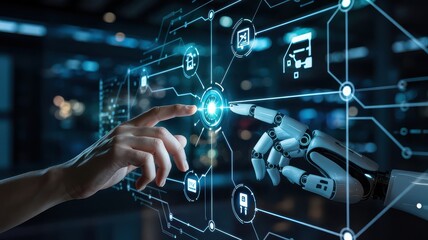 Robot Hand and Human Finger Activating Central Digital Network Interface