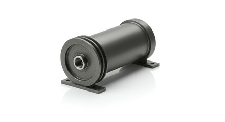 Dark gray cylindrical component with circular supports, isolated on white