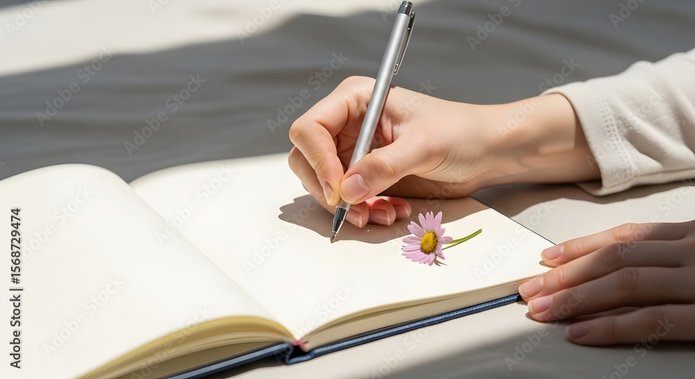 Poster close-up shot of a person writing in a blank notebook with a pen next to a small flower on a beige s