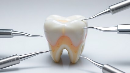 Dental tools in protective circle around aging tooth under clinical light