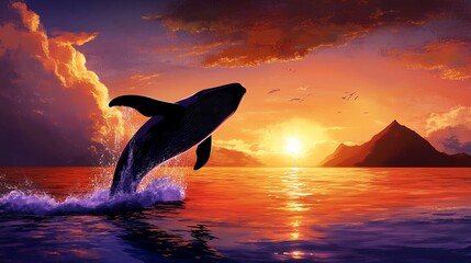 Majestic humpback whale breaching in a vibrant ocean sunset scenery