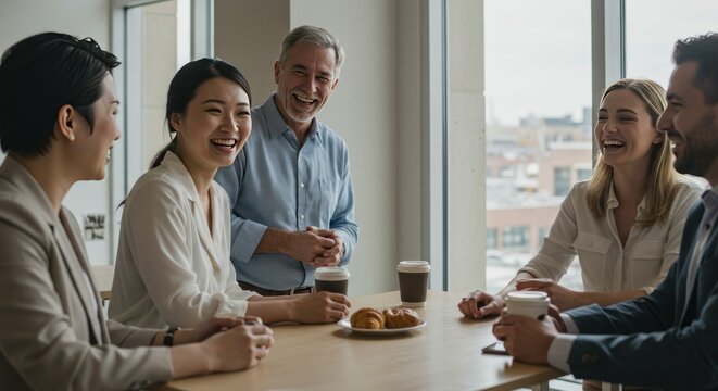 A group of diverse business people laughing and enjoying a light breakfast in a modern office