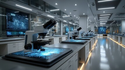 Modern laboratory interior with rows of microscopes on white countertops, illuminated digital screens displaying data in the background, and sleek, well - lit flooring. Ideal for scientific research, 