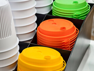 Colorful collection of disposable coffee cup lids ready for busy cafe mornings and quick caffeine...
