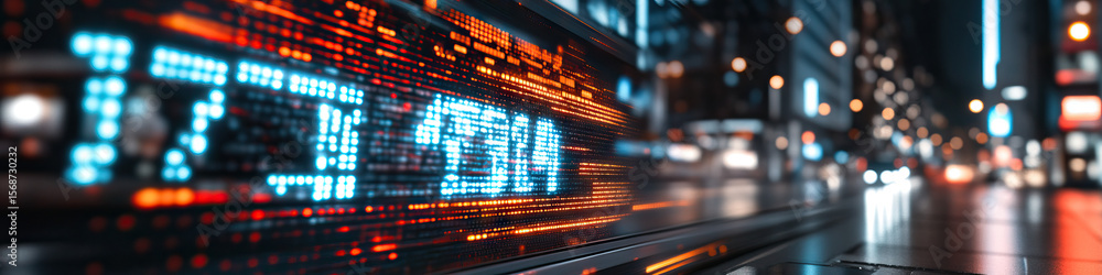 Poster nighttime cityscape with illuminated led data display