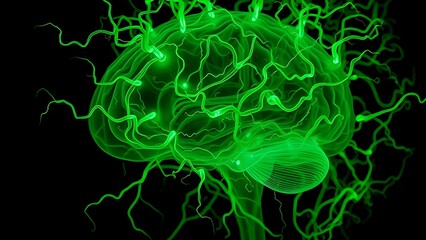 A translucent brain entwined with glowing green bioluminescent vines, pulsing with mysterious energy.