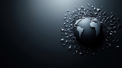 Abstract Earth Globe Exploding with Geometric Fragments, Dark, Modern Design.